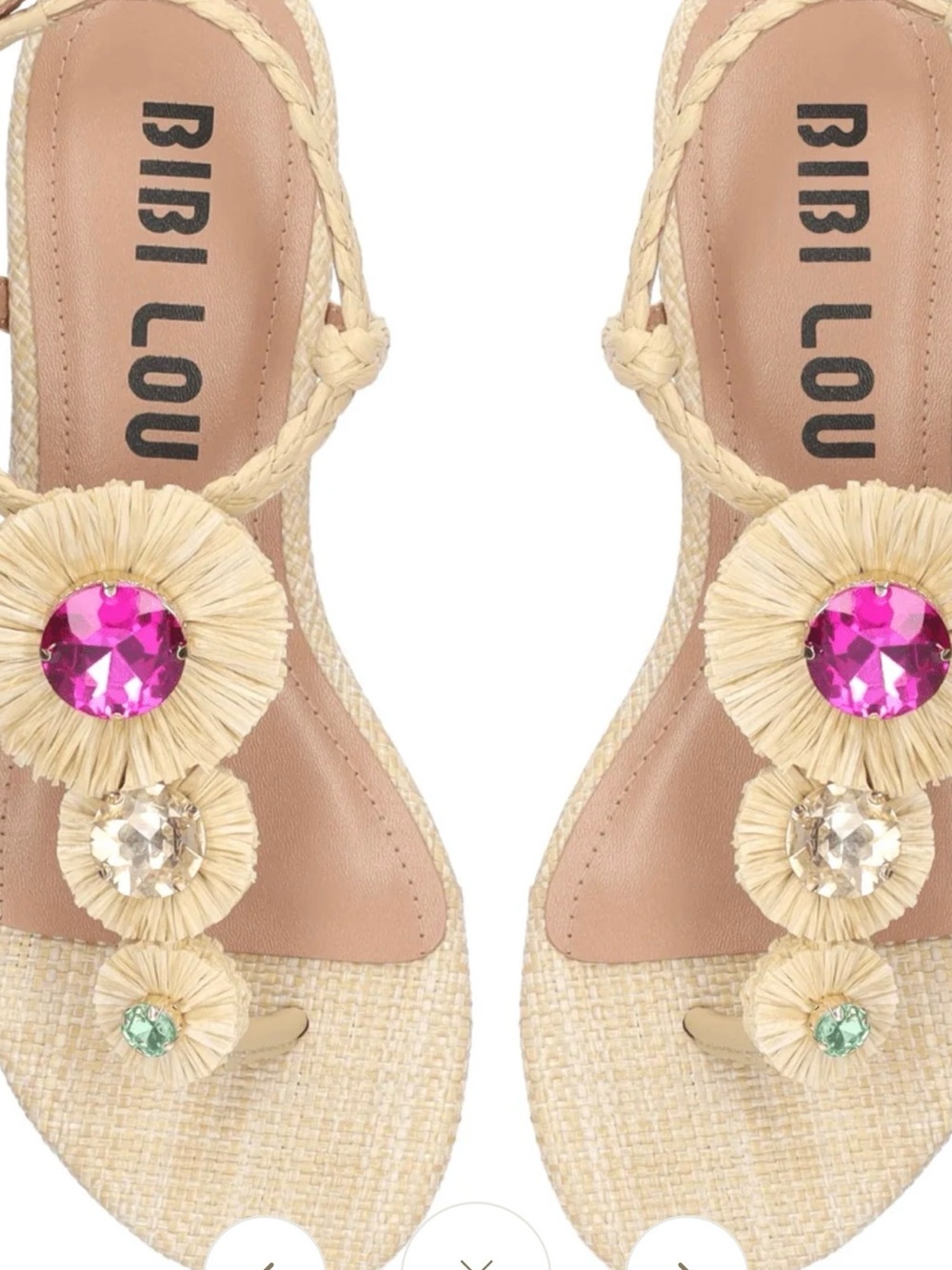 Bibi Lou Cream Raffia T-Strap Sandals with Pink Gem Accents